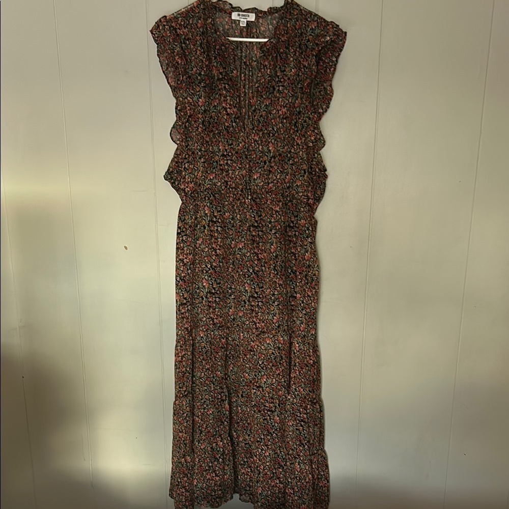 BB Dakota Steve Madden Floral Ruffle Midi Dress XXL Black Pink Tiered Skirt